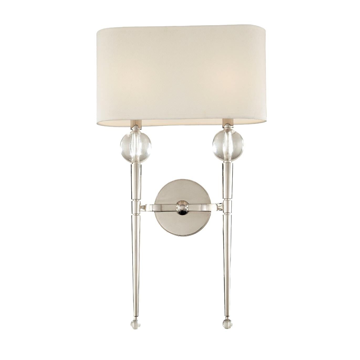 Shown in Polished Nickel finish and Off White Faux Silk shade and Crystal Orbs accent